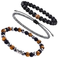 Detailliertes Set aus drei Herrenarmbändern mit Tigerauge-Perlen und Steinbock-Metallanhänger - Steinbock Stil (B3391) / Dreiteiliges Set