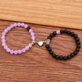 Magnetisches Armband-Set für Paare mit mattem schwarzen und lilanen Natursteinperlen - Amethyst Schwarz Mattiert Herzmagnetverschluss (J1298) / Lila/Schwarz