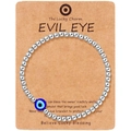 Silver beaded elastic bracelet with blue evil eye charm on gift display card - Evil Eye Style (B3555) / Silver