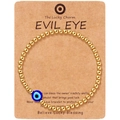 Golden beaded stretch bracelet with blue Evil Eye charm on themed card display - Gold Evil Eye Style (B3554)
