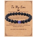8mm black lava rock beaded Evil Eye bracelet for men with brown paper gift card - To Son Message Style (B3237)