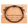 Morse code bracelet with dark wood beads and silver accents on a kraft gift card - Beautiful Badass (B3211)