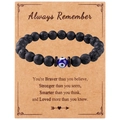 8mm black lava stone beads bracelet with blue evil eye on a vintage gift card - Always Remember Message Style (B3240)
