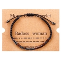 Adjustable Morse Code bracelet with dark wood beads and metal accents on card - Badass Woman (B3212)
