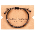 Morse code woven bracelet with wood beads and metal accents on a gift display card - Badass Husband (B3213)