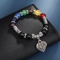 Detail view of natural stone beads with vintage silver heart charm on black leather - Hollow Heart Tube Bead Style (B2400) / 10mm Bead / Multicolor