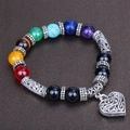 Macro detail of natural stone chakra beads with vintage silver spacers and heart pendant - 7 Chakra Heart Pendant Style (B0044) / 10mm Bead / Multicolor Black