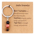 Detail of natural stone bead keychain on Kraft card including tiger eye and sunstone - Courage Theme - Black Tourmaline Sunstone Tiger Eye (M761)