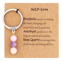 Detailed view of gemstone keychain with Amethyst and Rose Quartz on card - Self-Love Theme - Rhodonite Amethyst Rose Quartz (M759)