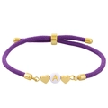 Braided purple friendship bracelet featuring a gold heart and a white bead with letter A - Letter A / Purple Heart Style (B3371)