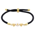 Adjustable black woven rope bracelet with gold heart charms and letter A bead - Letter A / Black Heart Style (B3372)