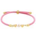 Adjustable pink braided rope bracelet with gold heart beads and letter A charm - Pink Heart Style (B3374)