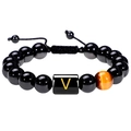 Pulsera tejida a mano con cuentas de obsidiana negra, ojo de tigre y letra V dorada - Letra V