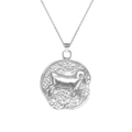 Close-up of silver Aries zodiac necklace with embossed round ram pendant on a fine link chain - Aries Style (XL0107)
