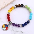 Rainbow natural stone bead bracelet with colorful puzzle piece heart charm and silver spacers - Round Pendant Silver (B3500-8)