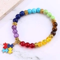 Colorful natural stone beaded bracelet with multi-color puzzle charm and gold spacers - Four Color Puzzle Pendant Gold (B3500-11)