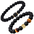 Set de pulsera de cuentas de obsidiana negra para hombre con ojo de tigre y circonio - Virgo (B3624)