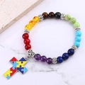 Rainbow beaded bracelet with a colorful puzzle piece cross charm for autism awareness - Cross Pendant (B3500-7)