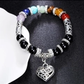 Multicolor natural stone bead bracelet with a silver hollow heart charm on black sand - Hollow Heart Pendant Style (B1077) / 8mm Bead / Multicolor