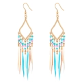 Bohemian geometric gold earrings with colorful bead tassels and long feathers - Orange Pink & Blue Style (E2002)