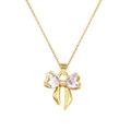 Detail view of a gold plated bow pendant necklace featuring two heart shaped cubic zirconia - Style 9 Gold Double Heart Rhinestone Bowknot (SL177)
