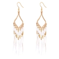Bohemian gold rhombus earrings with white bead fringe and soft feather tassels - Solid White Style (E2003)