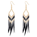 Bohemian gold geometric earrings with black beads and long fringe feather tassels - Solid Black Style (E2001)