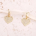 Elegant gold hoop earrings with pavé-set heart-shaped pendants on light silk ribbon - Style 1 (E1902)