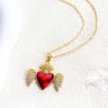 Gouden gevleugelde heilig hart ketting met rood emaille en fonkelende stras - Gevleugeld Heilig Hart Stijl (SL016)
