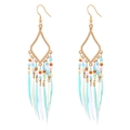 Bohemian geometric diamond earrings with colorful beads and white feather tassels - Light Blue & White Style (E1999)