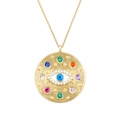 Gold plated evil eye pendant necklace with colorful gemstones and crystal center - Colorful Gemstone Border Evil Eye Style (SL194)