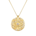 Gold plated evil eye pendant necklace featuring a central white zircon and retro chain - Radiant Pattern Round Relief Style (SL195)