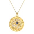 Golden Evil Eye disc pendant necklace with pavé zircons and blue enamel center detail - Eye of Horus Pave Zirconia Style (SL198)