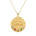 Gold medallion necklace with embossed evil eye and colorful vibrant gemstones - Five-Color Gemstone Round Medal Style (SL199)