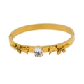 18K gold plated stainless steel hinge bangle with rose engraving and clear crystal - White Zirconia