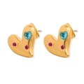 Pendientes de corazón dorados con gema azul y detalles rosas para sets de joyería - CK1285 Azul + Rosa Rojo Pendientes de Botón