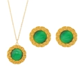 Detailed view of vintage gold-rimmed emerald stone necklace and earring jewelry set - Necklace and Earrings Set (CK1273)