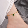 Minimalist gold titanium anklet with a square emerald zircon pendant on a fine chain - Green Rhinestone Style / Gold
