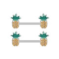 Macro detail of pineapple nipple ring with green enamel leaves and yellow zircon stones - Pineapple Style (2849)