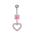 Gepolijste zilveren navelpiercing met roze zirkoon en holle hartvormige hanger - Roze