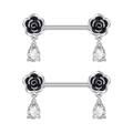 Detail of heart shape piercing jewelry with black rose and pear-cut zircon pendants - Black Rose Waterdrop Zircon Style (2934) / Steel