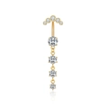 Detailed close-up of a gold navel ring with cascading white zircon stones and dangling chains - Curved Five-Bead Long Drop Style-Gold (2881)