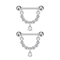 Macro detail of silver body piercing jewelry featuring zircon chain and pear drop pendant - U-Shaped Zircon Chain Style (2913)