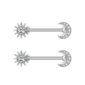 Macro detail of silver nipple rings featuring sun and crescent moon zircon patterns - Star Moon Radiant Zircon Style (2935) / Steel