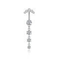 Macro detail of silver stainless steel belly ring with cascading round zircon stones - Curved Five-Bead Long Drop Style-Steel Color (2881)