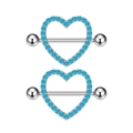 Polished silver heart nipple shields with sparkling light blue zircon stone inlay - Nipple Stud Style / Silver Blue Zircon