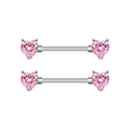 Pair of heart-shaped pink zircon nipple rings with silver stainless steel straight bars - Double Heart Gem Style (2983) / Steel