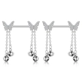 Detail of silver nipple barbells featuring sparkling butterfly studs and dangling bells - Full Diamond Butterfly Bell Tassel Style (2937) / Steel