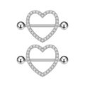 Silver heart nipple rings set with sparkling white zircon stones on white background - Nipple Stud Style / Silver White Rhinestone
