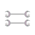 Pink zircon moon and pearl nipple barbells set in polished silver surgical steel - Moon Star Pearl Style (2984) / Steel
